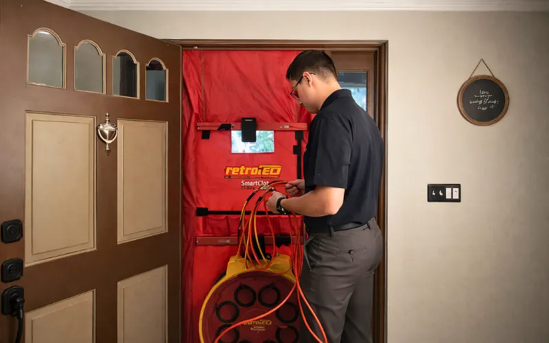 Blower door test set up in a doorway