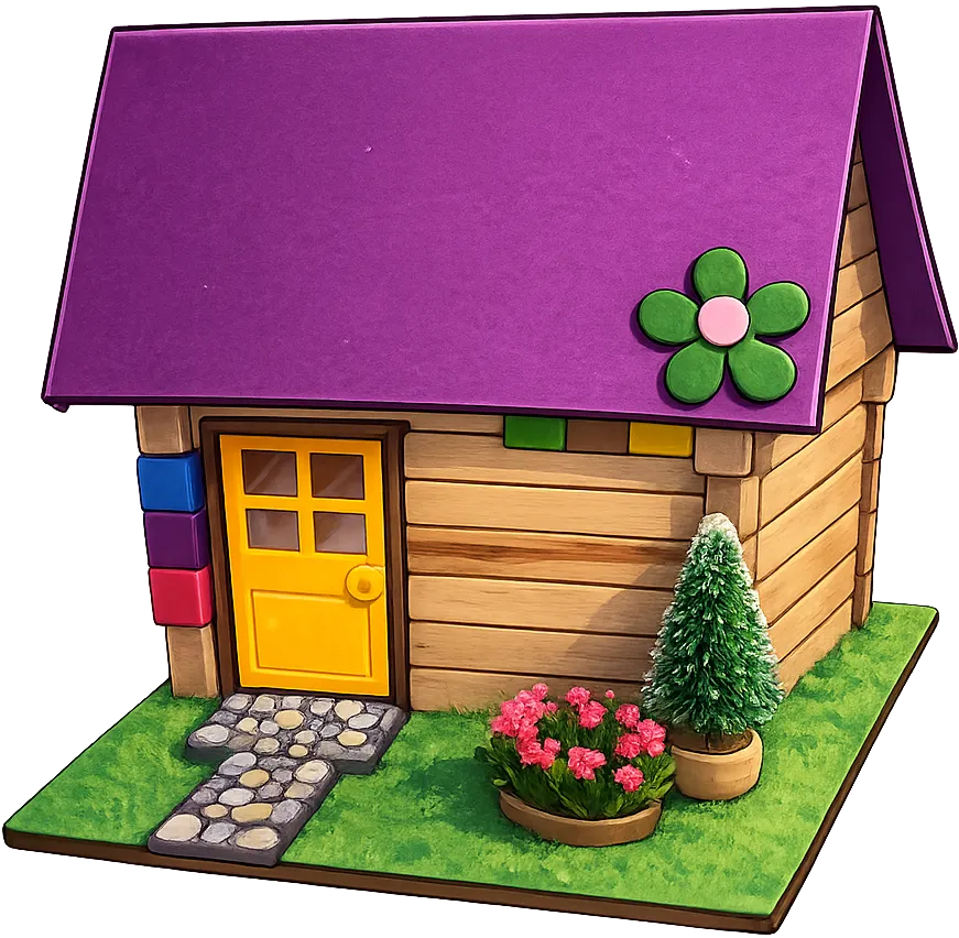 Haus Typ A: ein Blockhaus mit lila Dach, gelber Tür, Tännchen und Blumen
