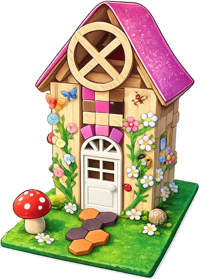 Haus Typ B: ein Feenhaus mit rundem Giebelfenster, Fliegenpilz und Blumenranken
