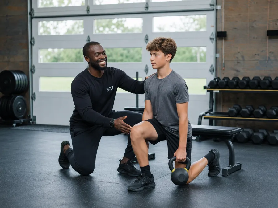 Myles kneeling beside a teenage athlete holding a kettlebell