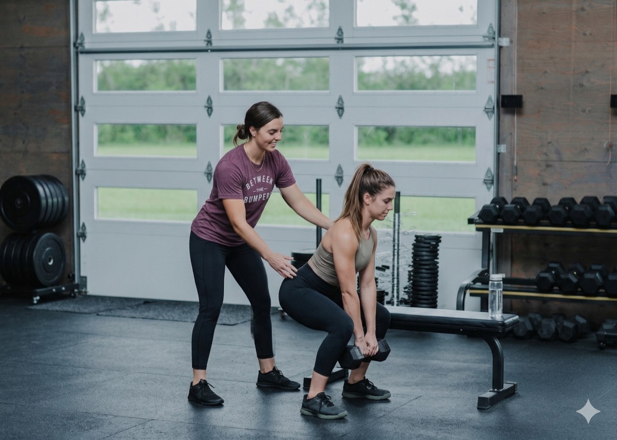 A coach guiding a member through a barbell lift in Strength class