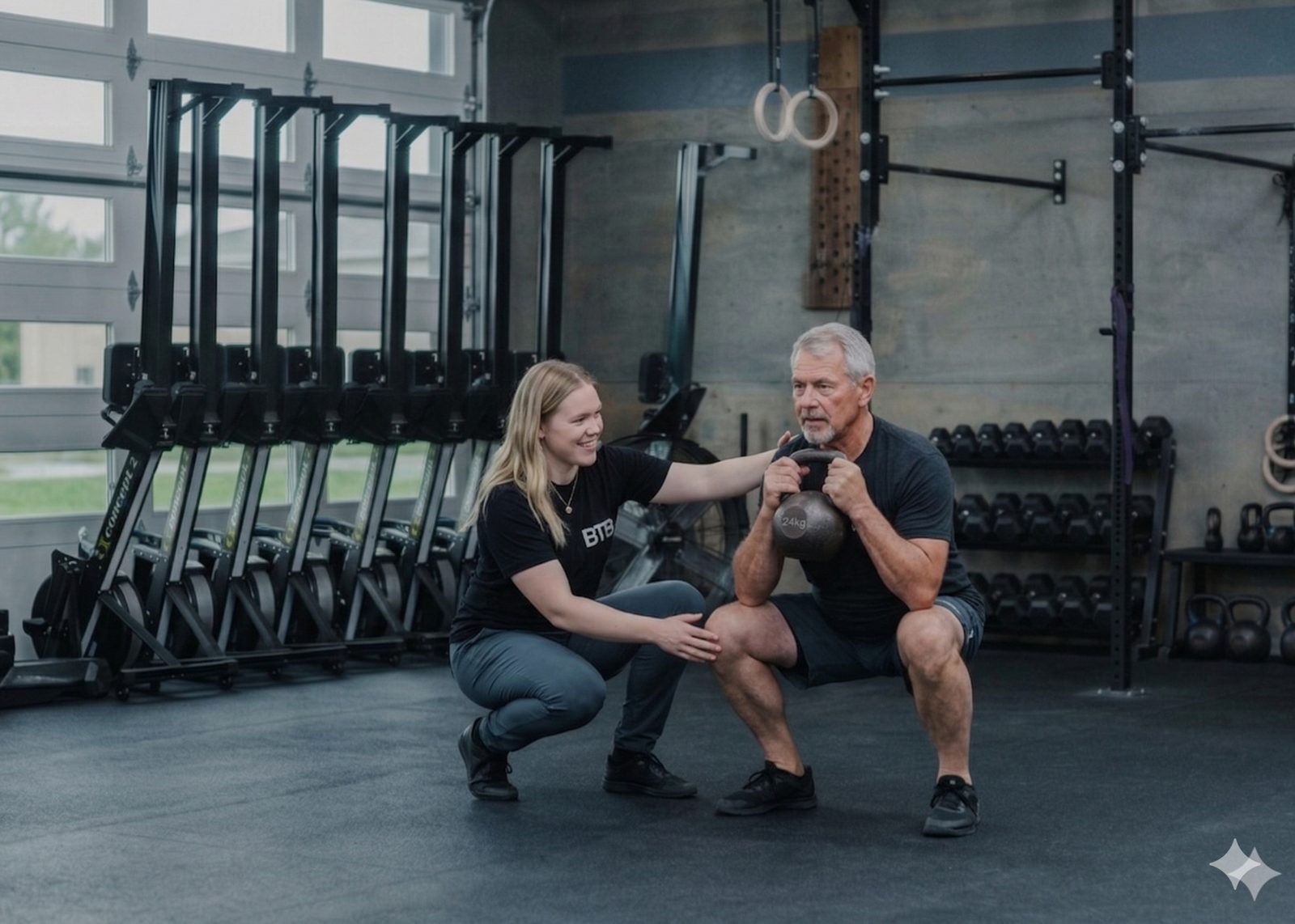 Megan coaching a client through a goblet squat on the gym floor