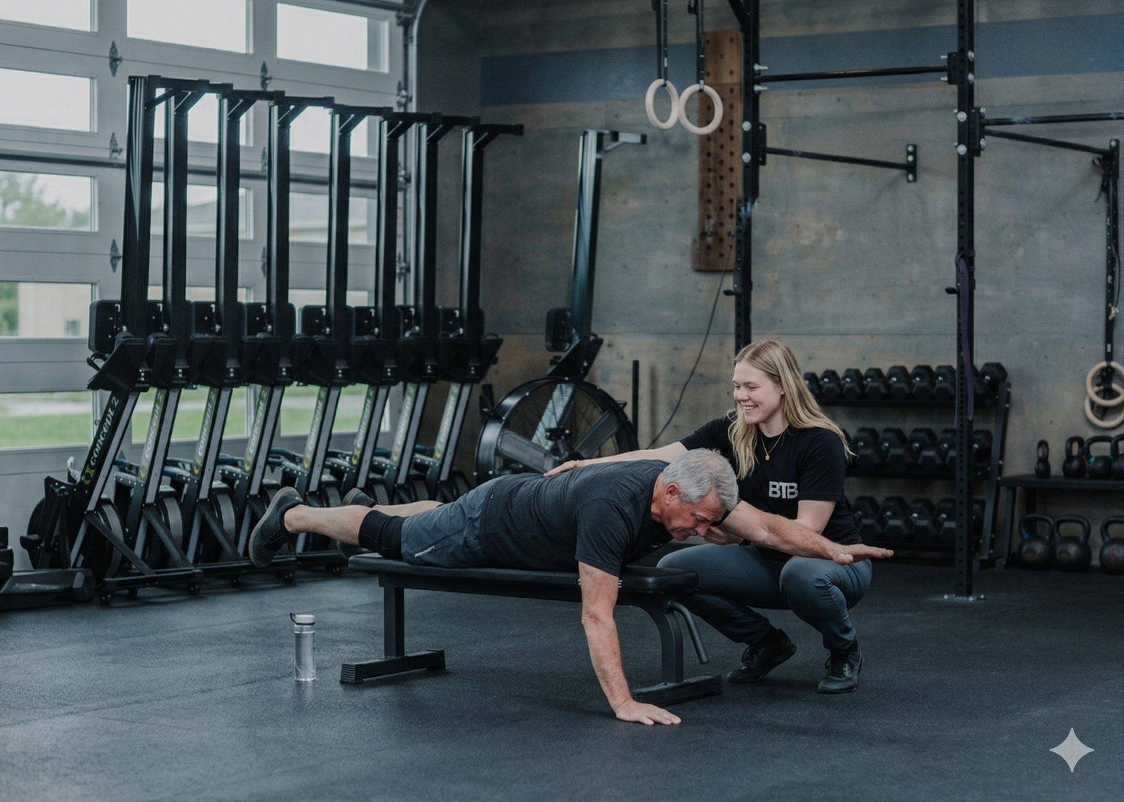 Megan coaching a client through a prescribed exercise on a bench
