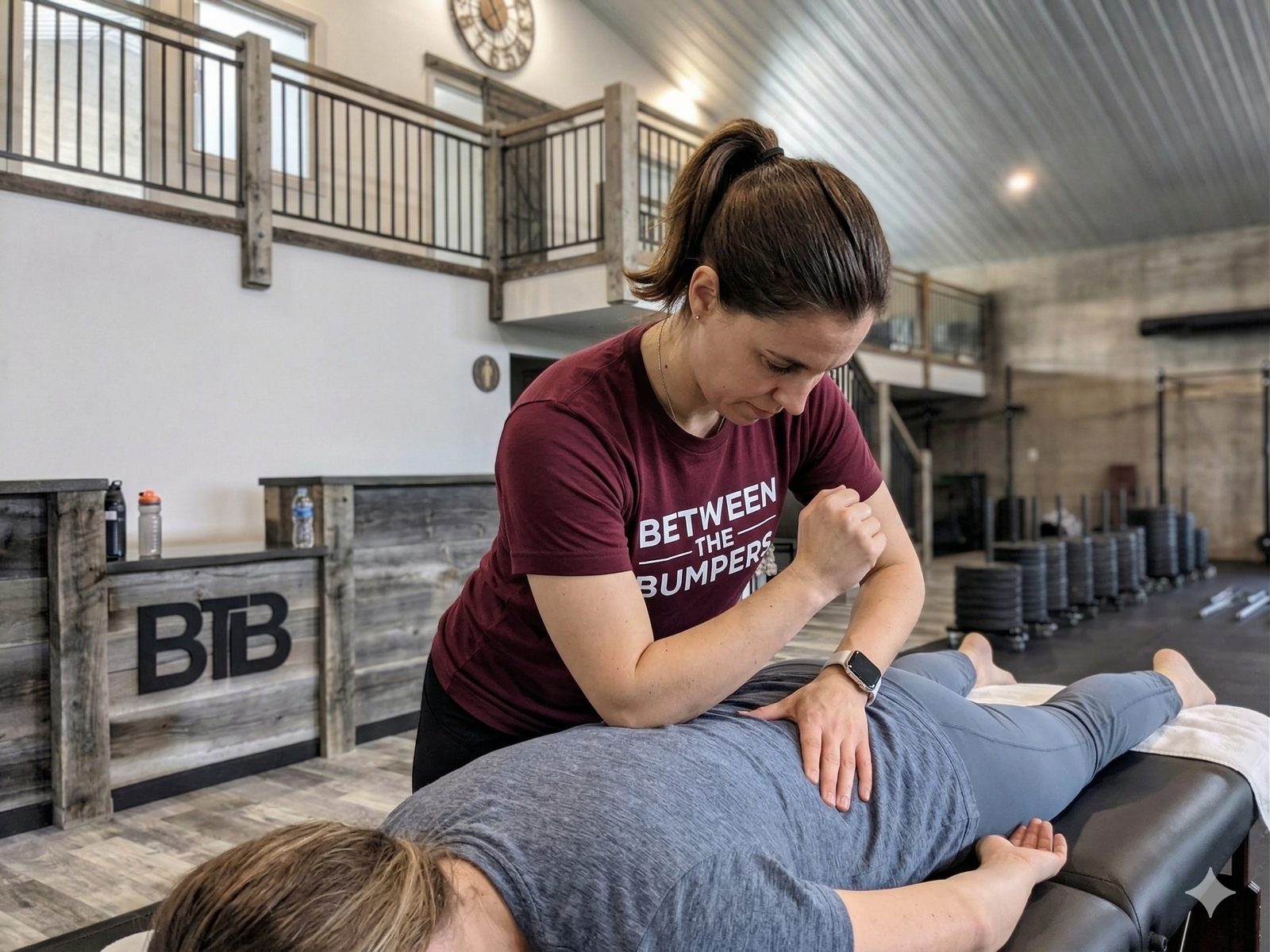 Taylor assessing a client on the treatment table on the training floor