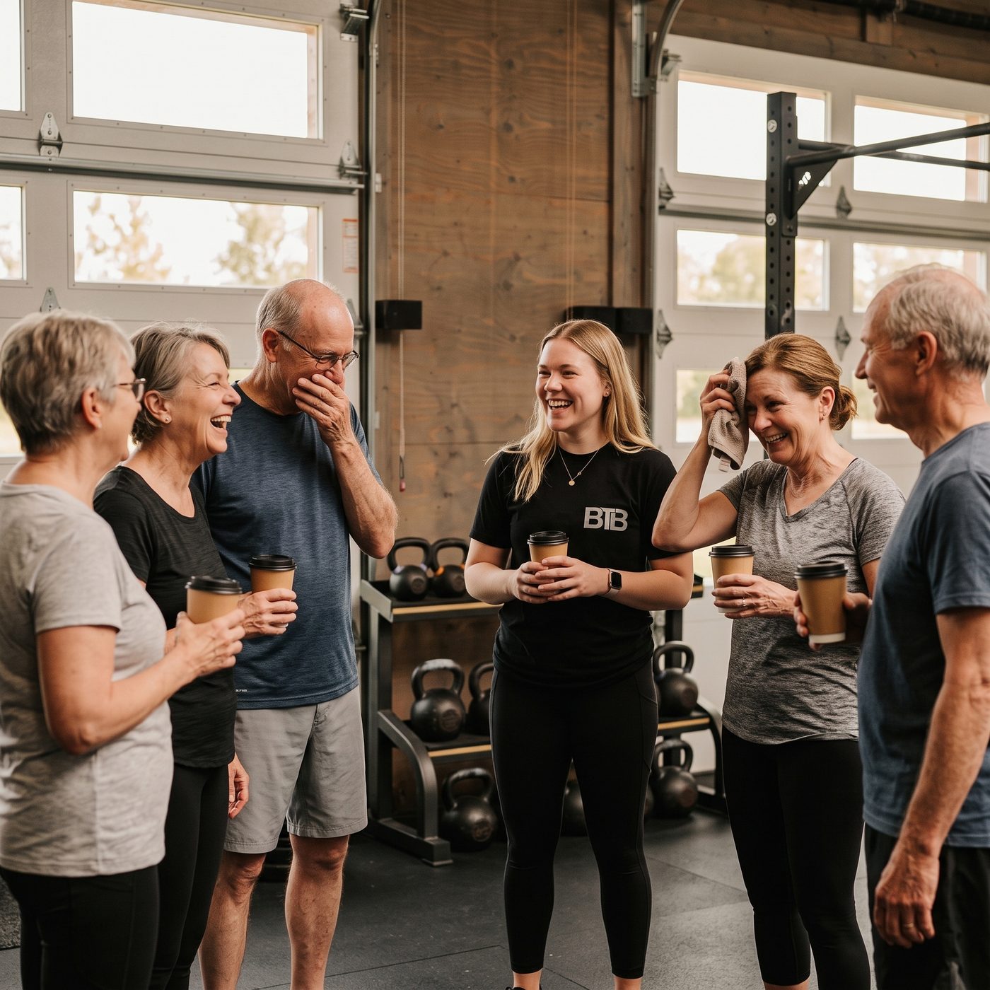 Members and a coach laughing over coffee after a class