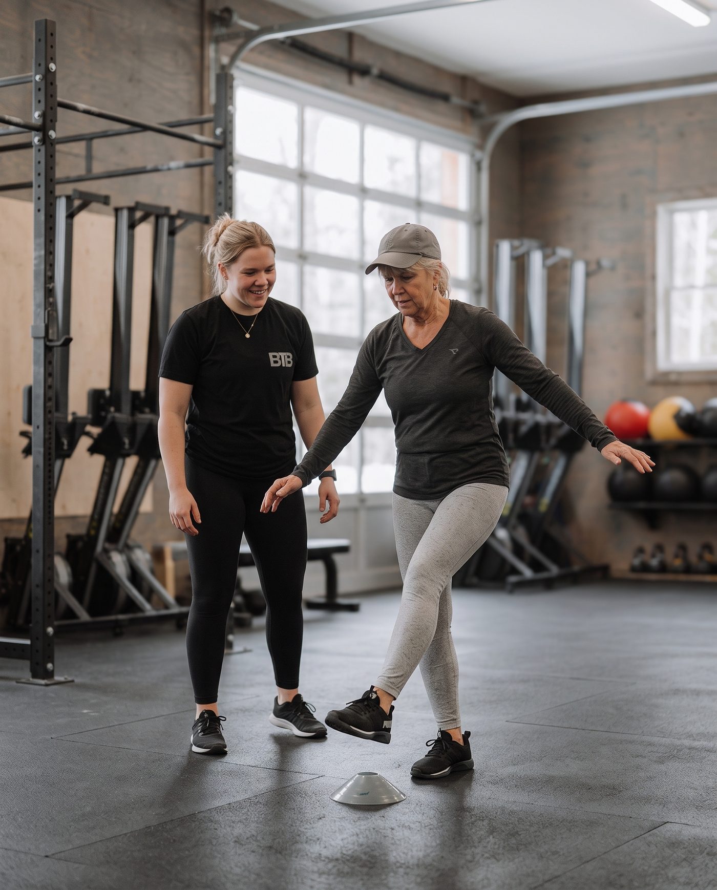 A coach guiding a member through a single-leg balance drill