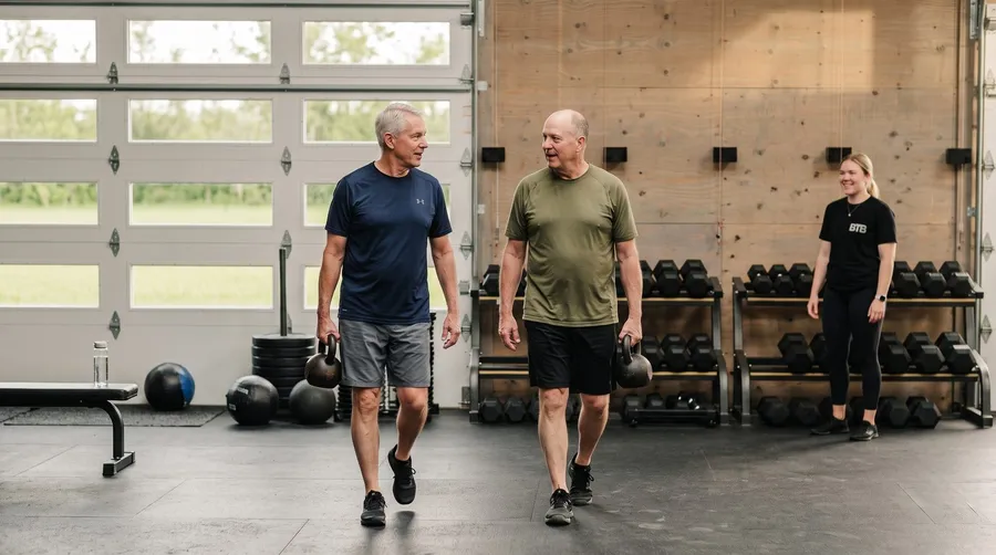 Two men walking side by side carrying kettlebells across the gym floor