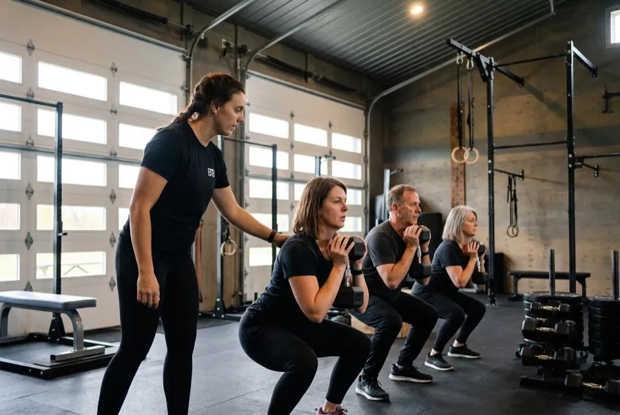 Coach Taylor cueing a small strength class through goblet squats
