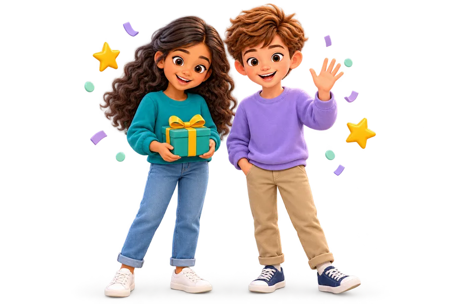 Two illustrated children welcoming visitors with a wrapped gift.