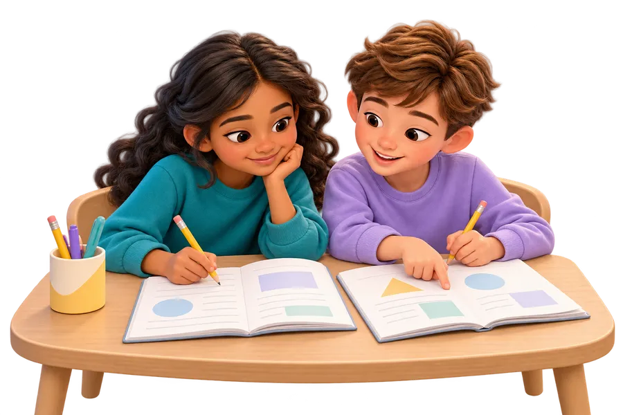 Two children working through printed workbooks.