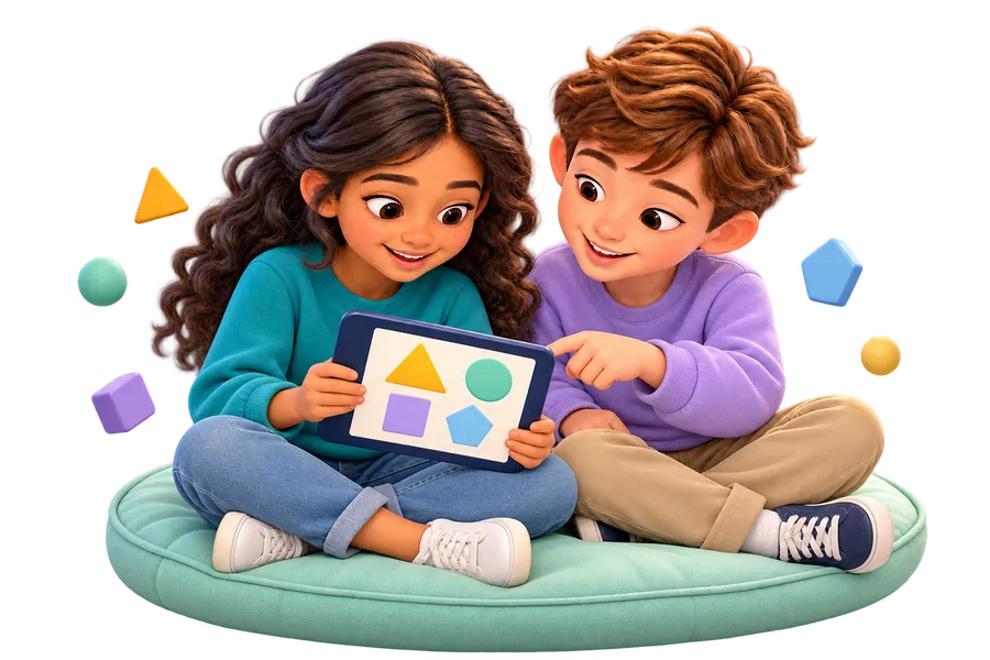 Two children exploring a learning activity on a tablet.