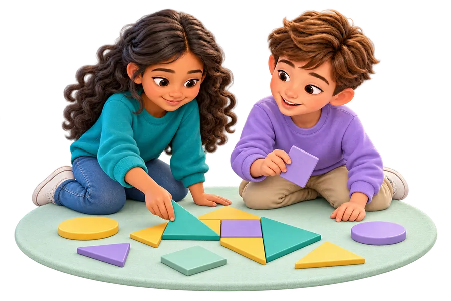 Two children solving a geometric puzzle.