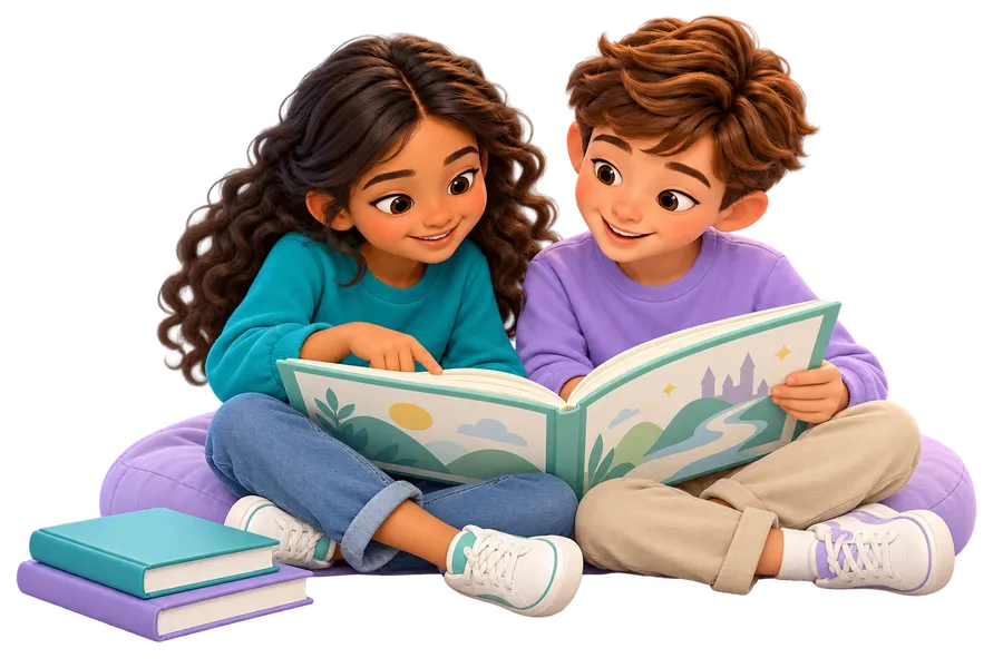 Two children reading a book together.