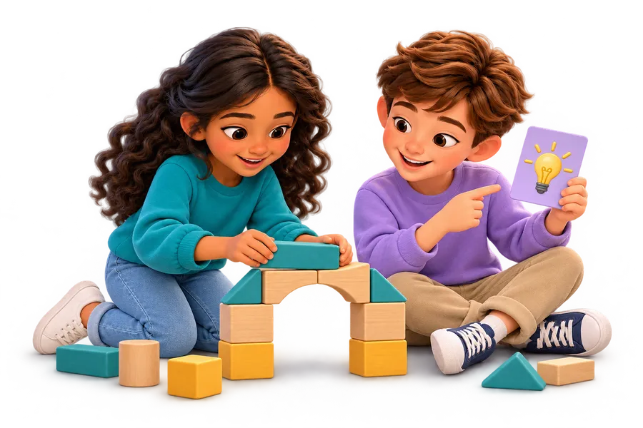 Two children strengthening a block bridge with a helpful hint.