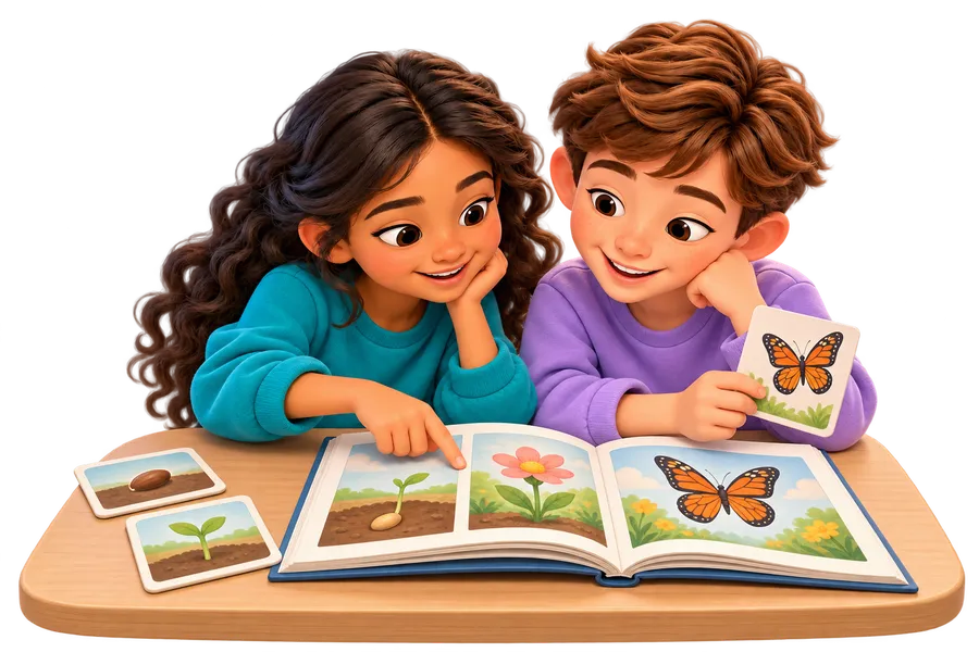 Two children matching storybook clues to picture cards.