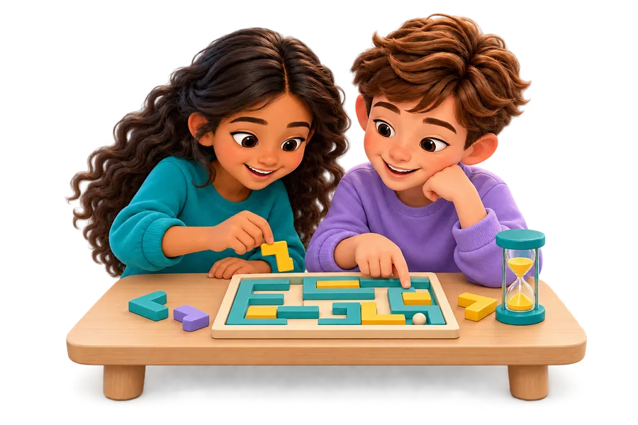 Two children solving a short maze beside a sand timer.