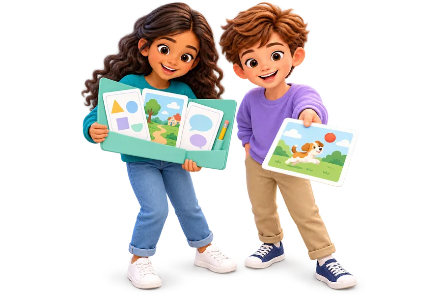 Two children presenting a sample activity folder and picture card.