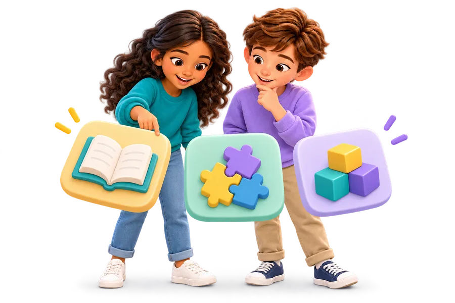 Two children choosing between a book, puzzle and blocks.