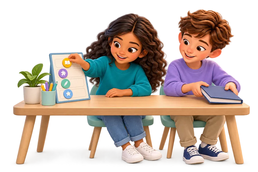 Two children planning a calm study routine at a tidy desk.