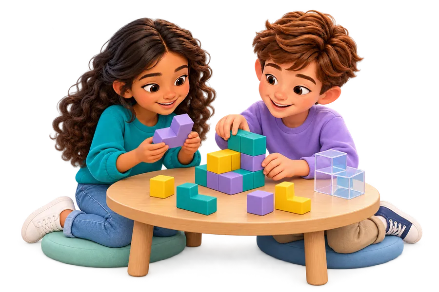 Two children building a three-dimensional block puzzle.