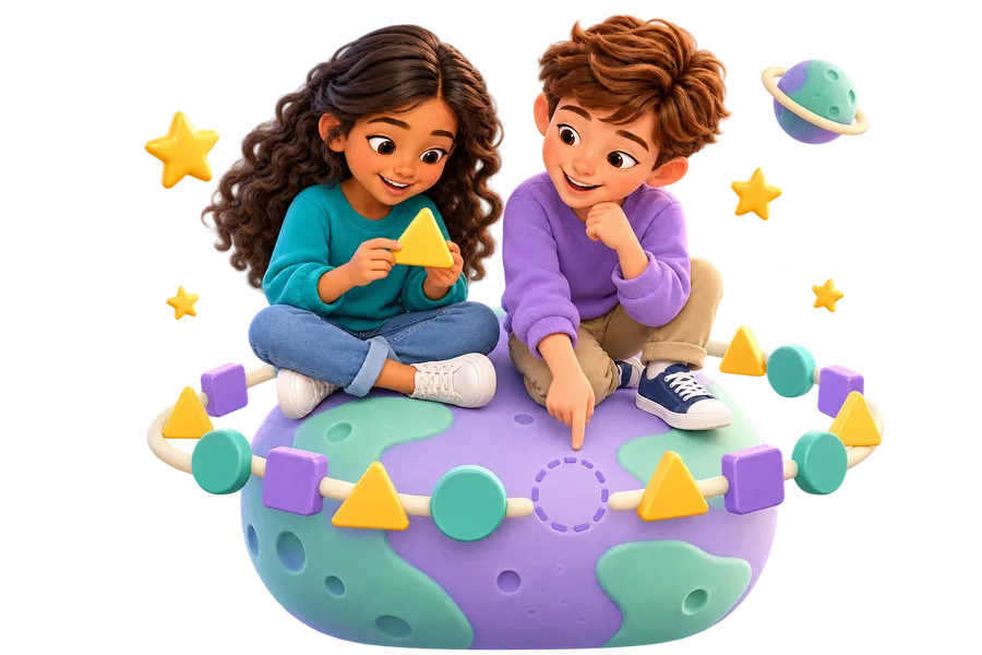 Two children exploring repeating shapes on a miniature planet.