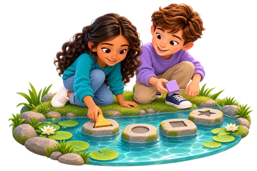 Two children solving a stepping-stone puzzle beside a lagoon.