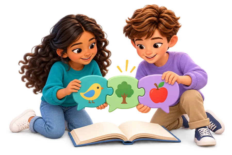 Two children joining picture speech bubbles to build meaning.