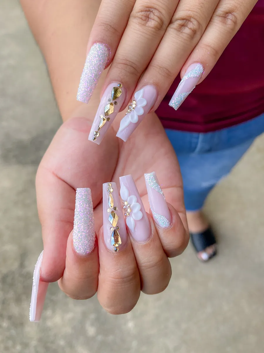 Glitter coffin acrylic set with rhinestones