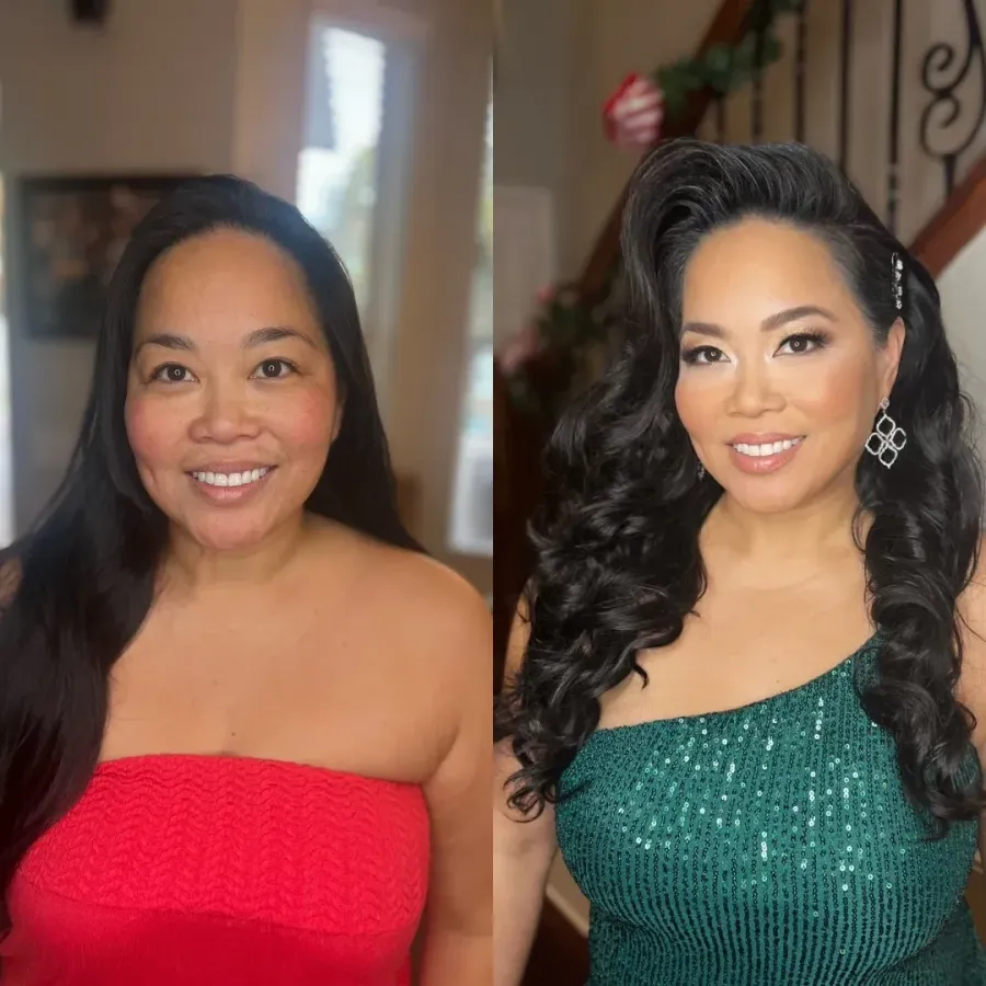 Before and after: special event hair and makeup finished with an evening gown