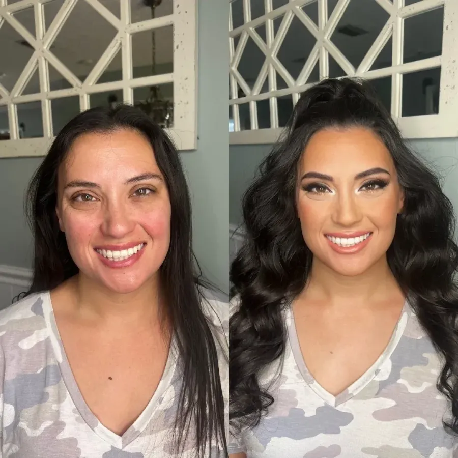 Before and after: airbrush evening glam with long dark waves