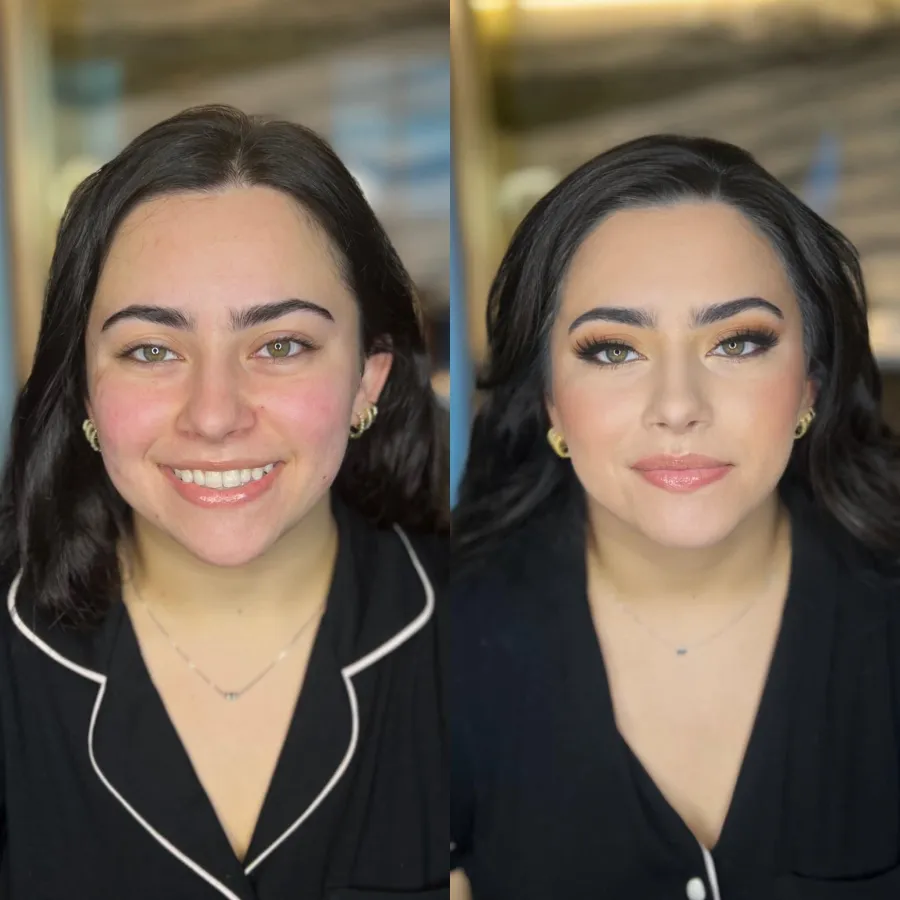 Before and after: airbrush makeup with dark curled hair and a soft lip