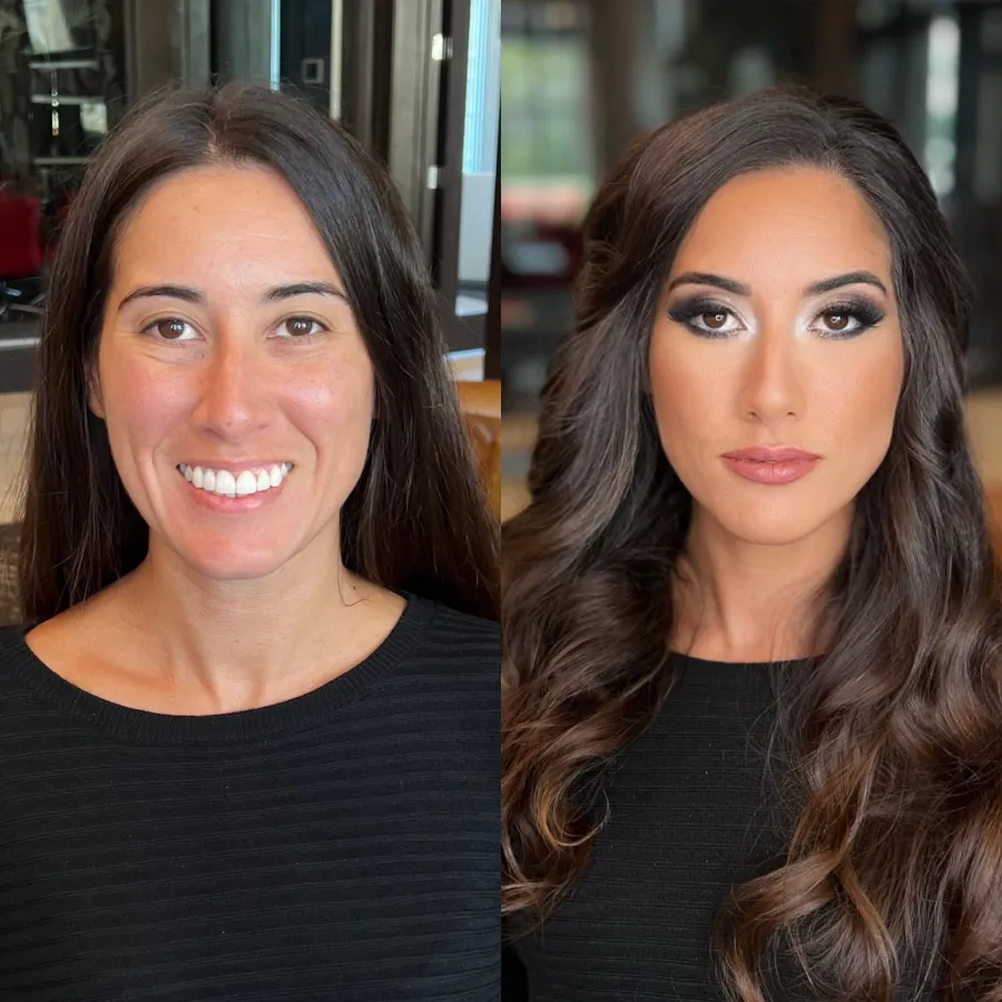 Before and after: smoky glam makeup and long, glossy dark waves