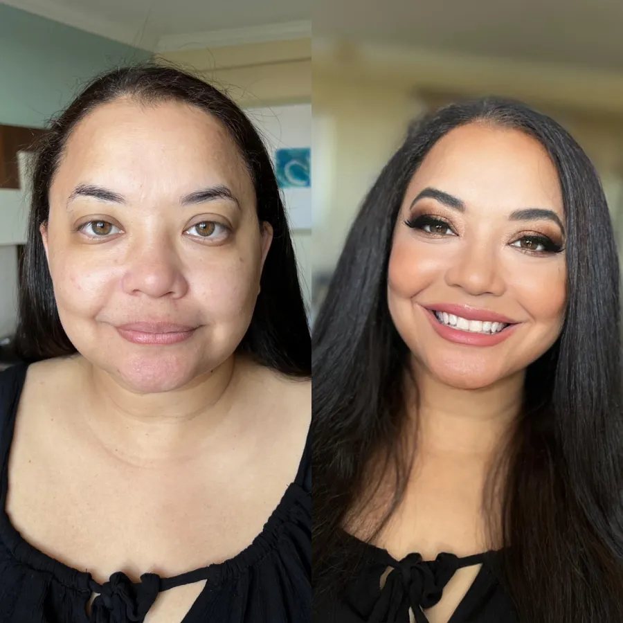 Before and after: airbrush makeup on medium-deep skin with dark waves
