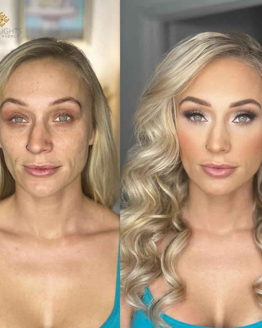 Before and after: airbrush glam with voluminous blonde curls
