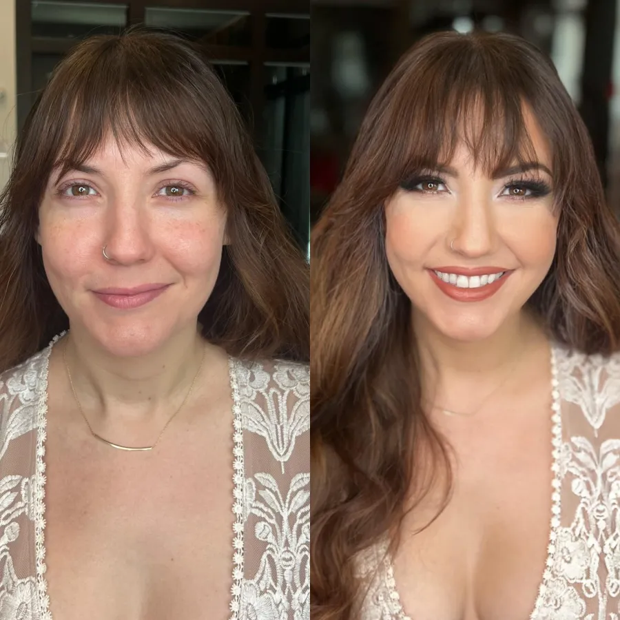 Before and after: natural glam makeup and brushed-out waves