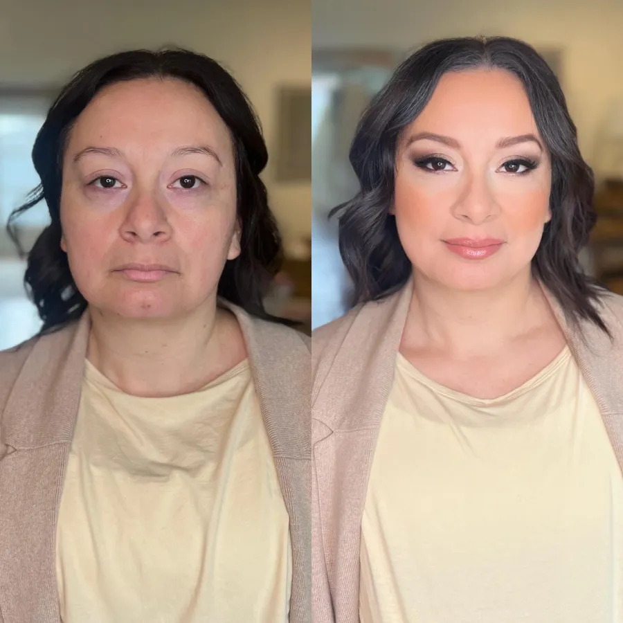 Before and after: makeup for mature skin with a warm lip and styled hair