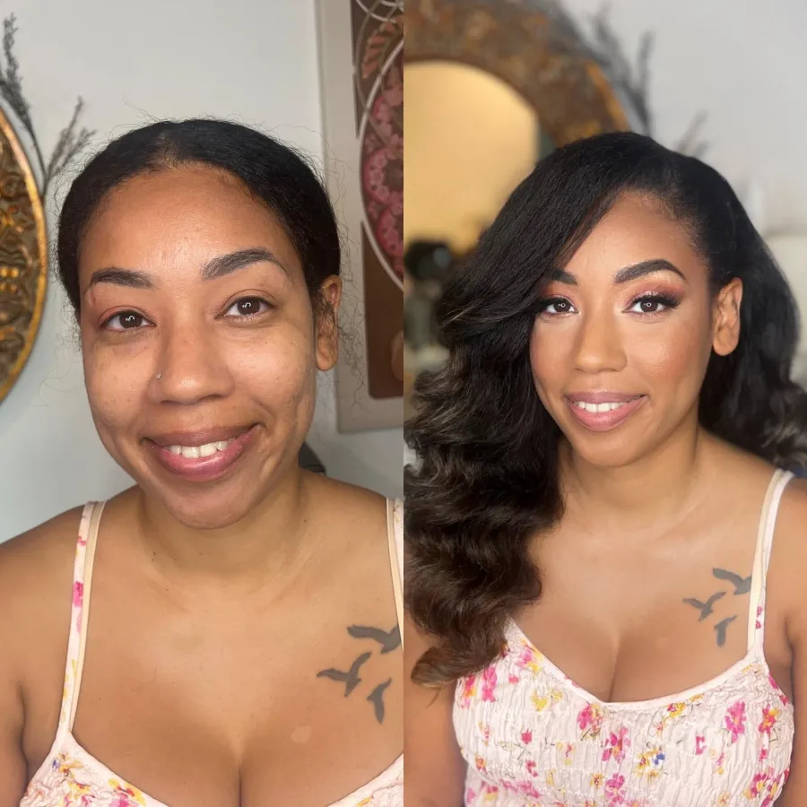 Before and after: long-wear airbrush glam on deep skin with long curls