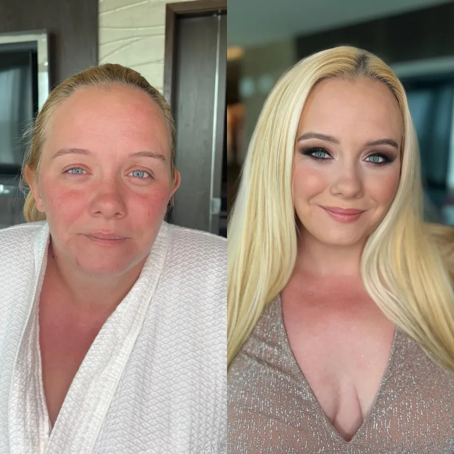 Before and after: full glam makeup and bright platinum hair