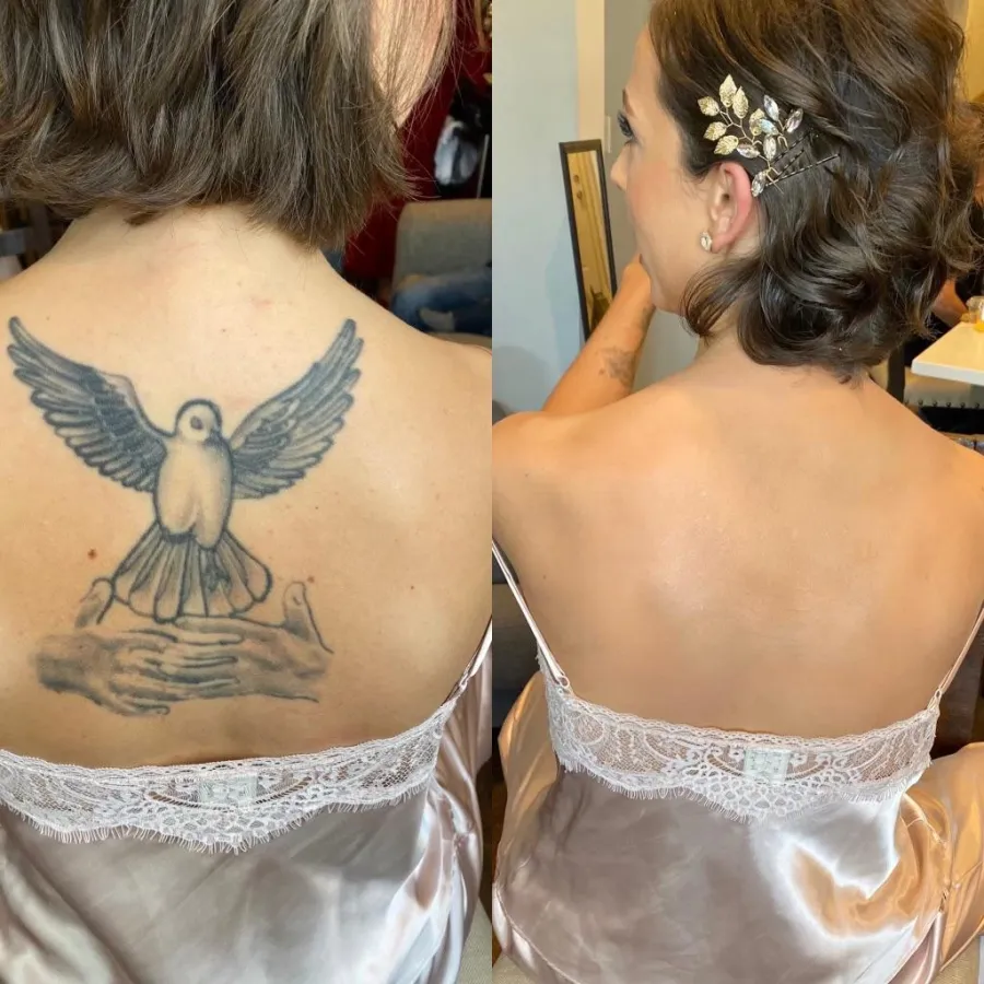 Before and after: large back tattoo fully covered for a low-back bridal gown