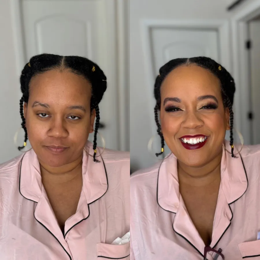 Bridal makeup before and after on deep skin, soft glam, Tampa Bay