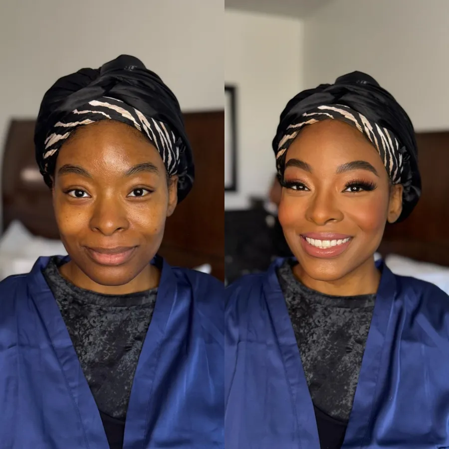 Before and after: radiant glam makeup on deep skin with a silk hair wrap