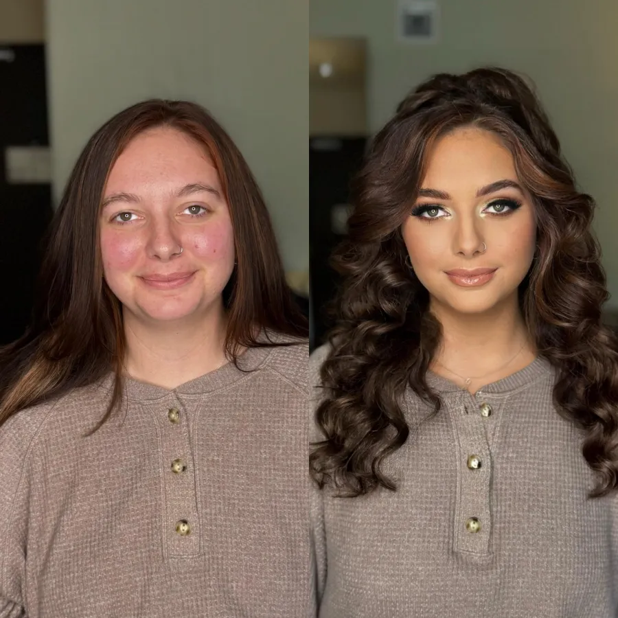 Before and after: glam makeup and defined brunette curls