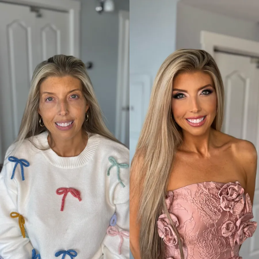 Before and after: maid of honor glam with long, sleek blonde hair