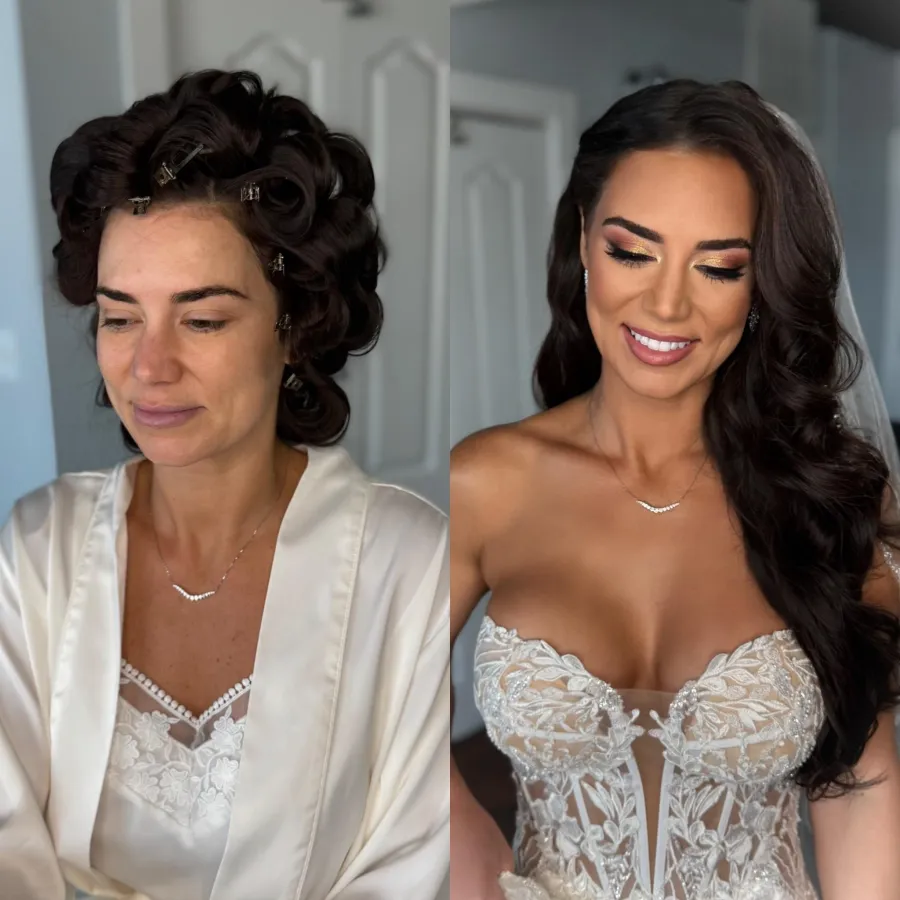 Before and after: bride in hair rollers finished with bridal glam and long waves