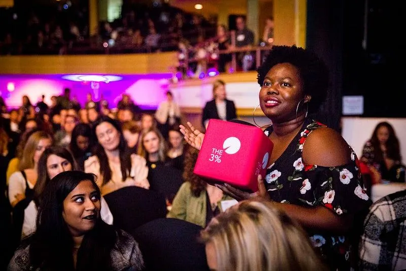 Audience member holding a gift box at The 3% Conference