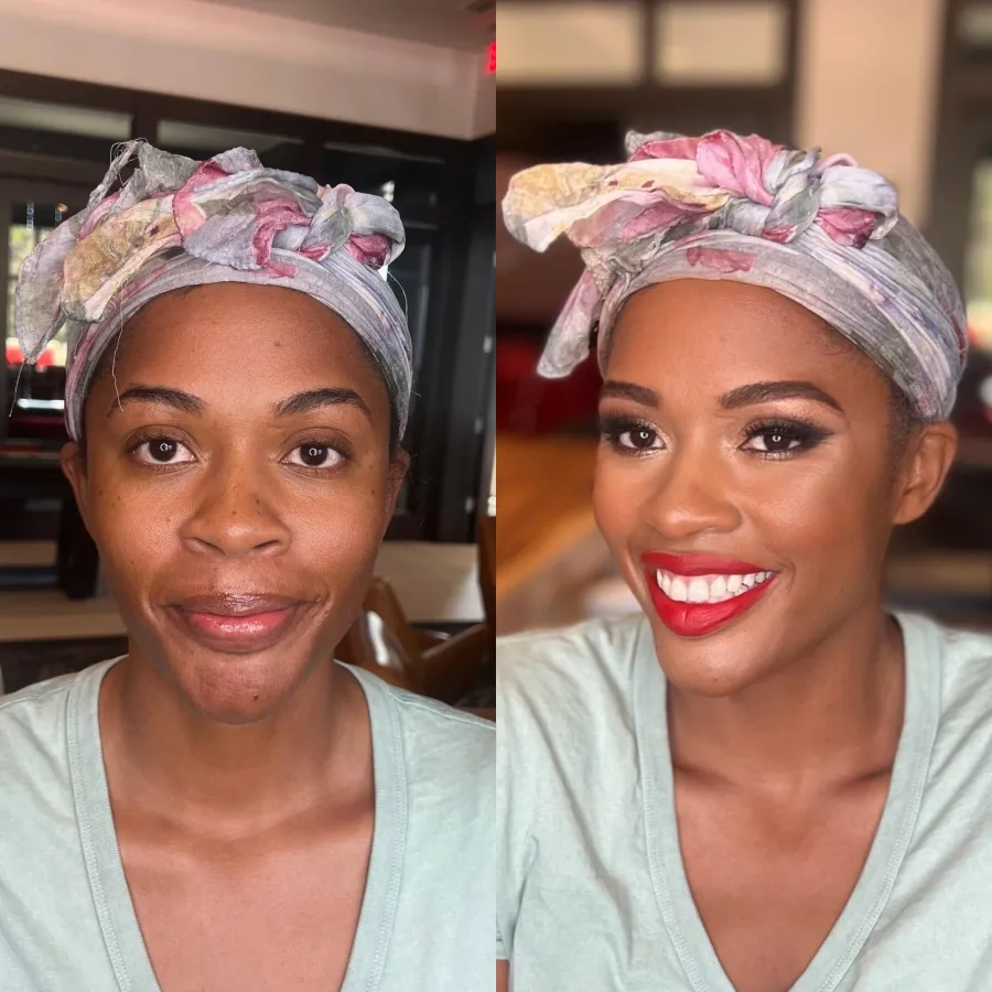 Before and after: radiant makeup and a bold red lip on deep skin