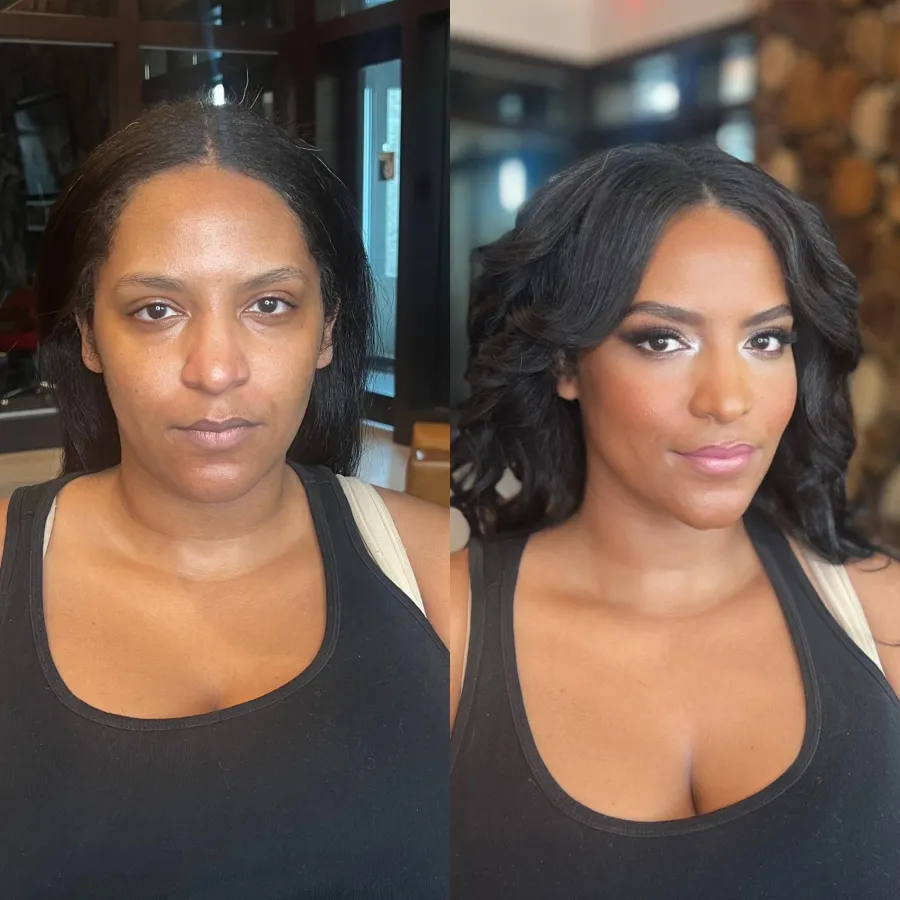 Before and after: soft glam with defined brows on deep skin, finished with a sleek blowout