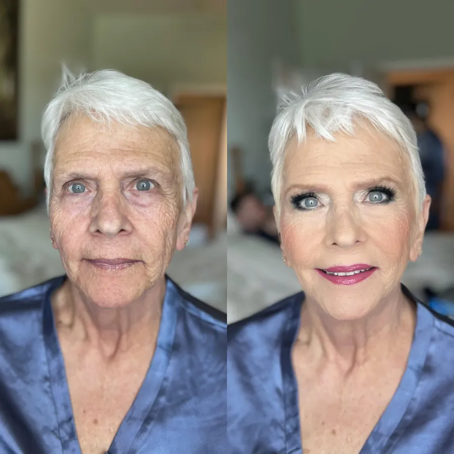 Before and after: lifted eye makeup and a rosy lip on mature skin