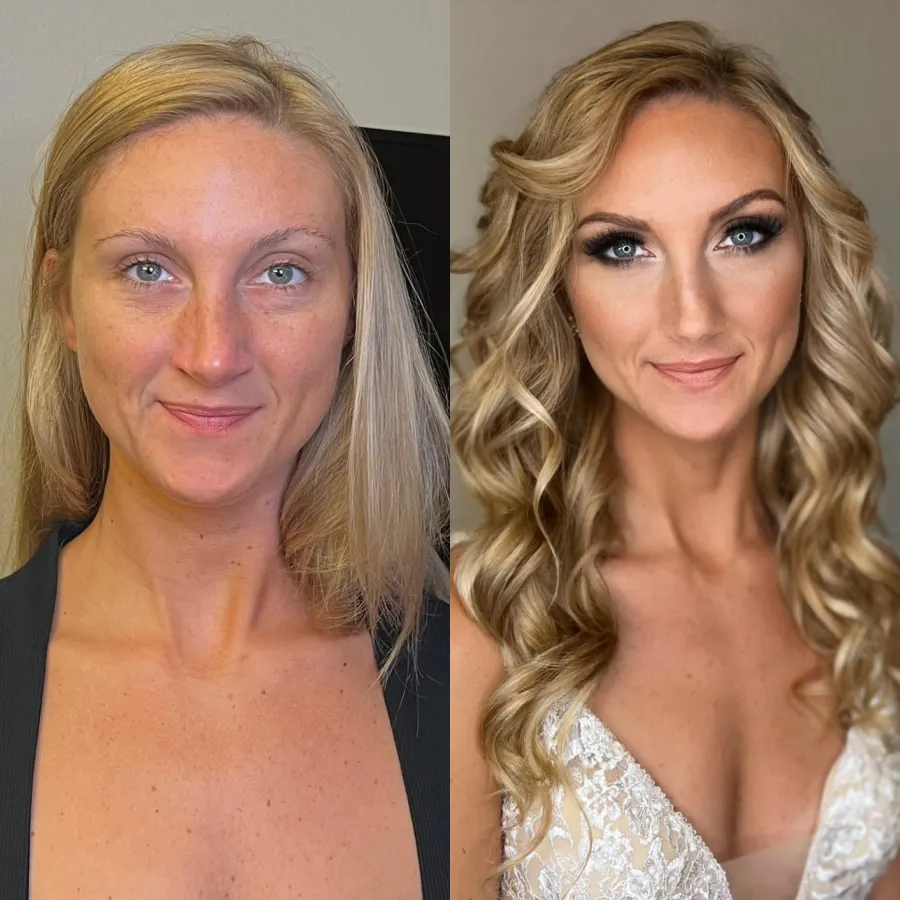 Before and after: bride with natural skin finished with bronzed glam makeup and long, voluminous curls