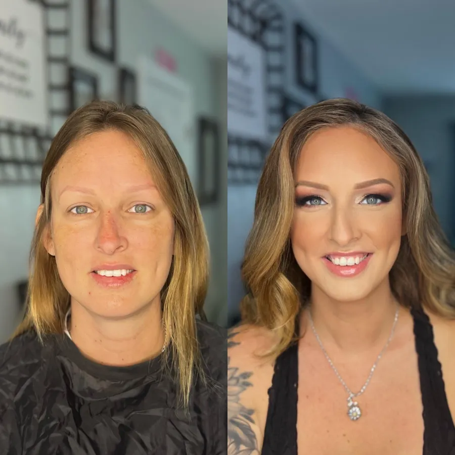 Before and after: bronzed glam with a smoky eye and soft, voluminous waves